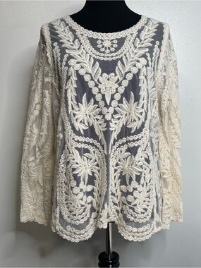Ultra Pink - Cream Lace Boho Sheer Top Size Large